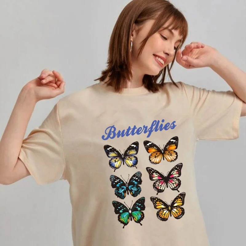 

Six Butterflies Cotton Casual Street Tee Printed Round Neck Gothic Clothes Vintage Aesthetic Accessories Mulher Camisetas Tops