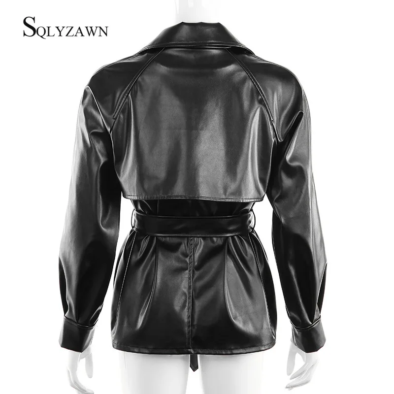 Gothic Black Trench Coat Women Fall Streetwear Faux Leather PU Jacket with Bandage Belt Ladies Fashion Motorcycle Jacket Outwear