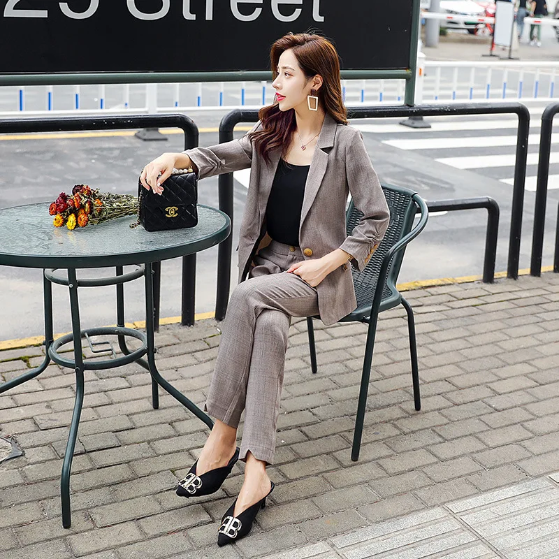4 Ladies suit autumn new casual fashion single buckle temperament slim suit pants pants suit wild women's two-piece suit - Цвет: 4