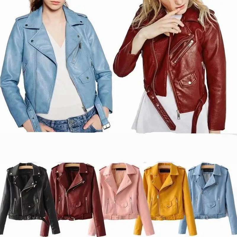 Fashion Women Casual Soft PU Leather Zipper Coat Biker Motorcycle Slim Jacket Tops Short Zip Up Casual Leather Jacket Plus SIZE
