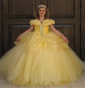 

SexeMara Ball Gown Flower Girl Dresses Yellow Organza Ruched Cap Sleeves Girls Pageant Gowns Tulle Prom Dress Custom Made
