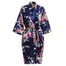 Летний Повседневный женский халат с коротким рукавом, кимоно, мягкий атласный халат, ночная рубашка с павлином, домашняя одежда