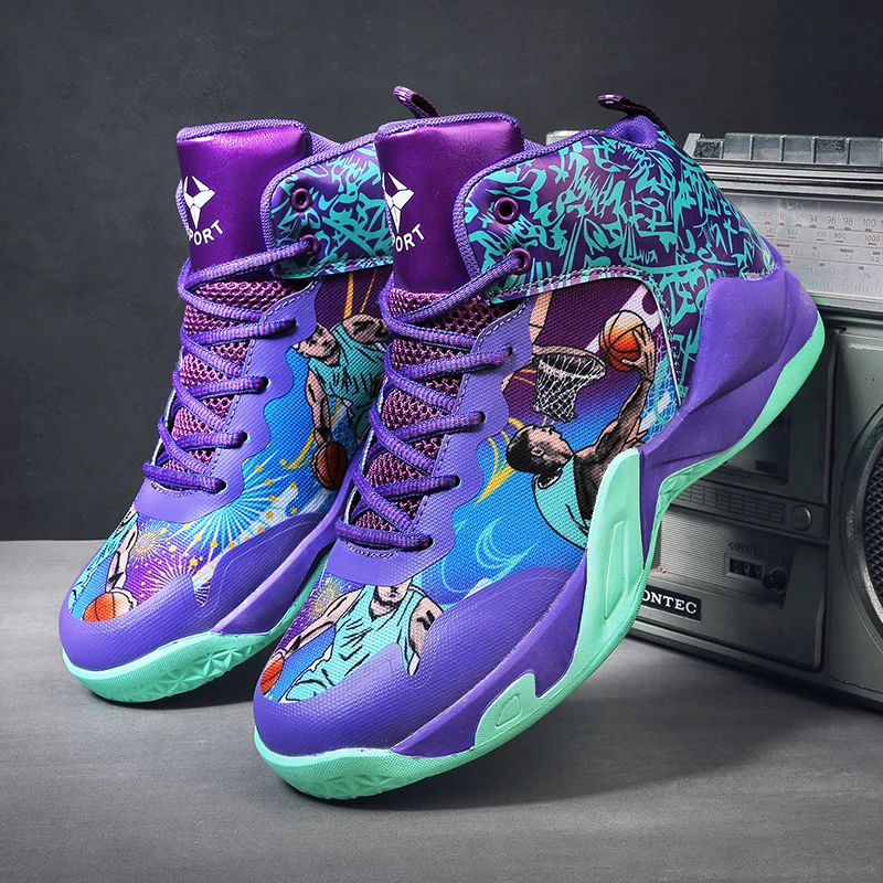 

2020 New Basketball Player Cartoon Pattern Basketball Shoes Men Non-slip High-top Sneakers Kids Outdoor Sports Shoes Athletic
