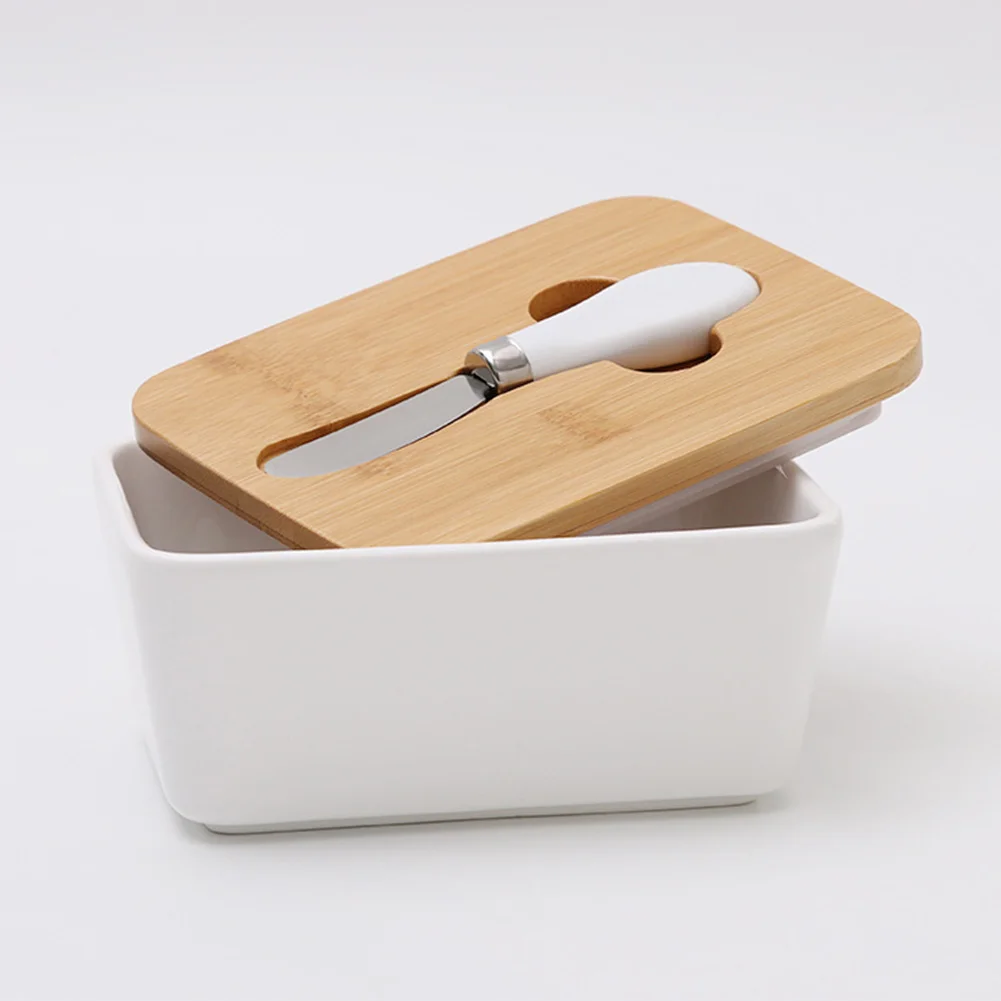 Коробка для масла, контейнер для еды, блюдо в скандинавском стиле с деревянной крышкой, лоток для хранения, кухонный керамический инструмент для запечатывания сыра - Цвет: C