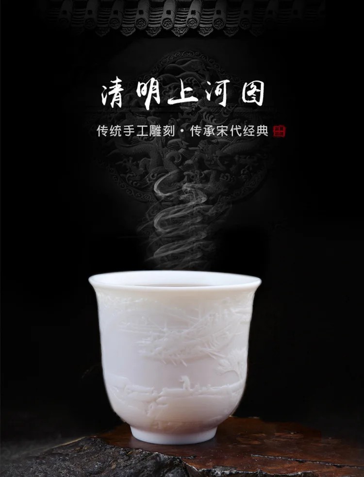 High White Suet Jade Porcelain Customizable "Qingming Riverside Seene" Ceramic Master Tea Cup Wine Cup Set Logo