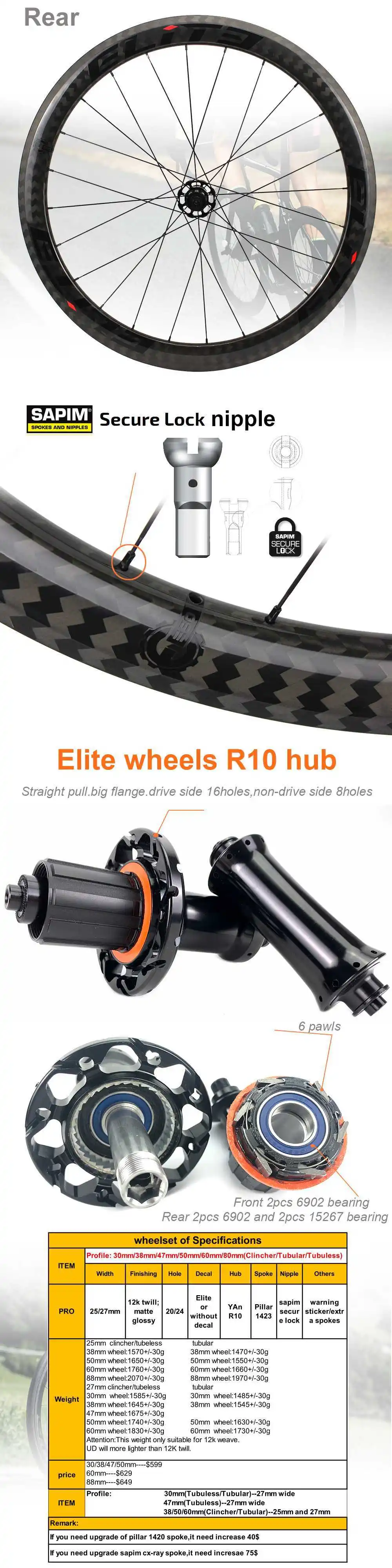 Excellent Elite 700c Carbon Bicycle Wheel Road Bike Wheelset Pro Series YAn R10 HUB 30/38/47/50/60mm 12K Twill Tubular Clincher Tubeless 11