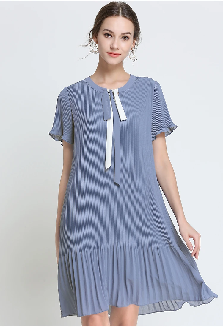 Летнее шифоновое драпированное платье женская одежда синее плиссированное платье с круглым вырезом и коротким рукавом размера плюс 5XL 4XL 3XL 2XL XL L M