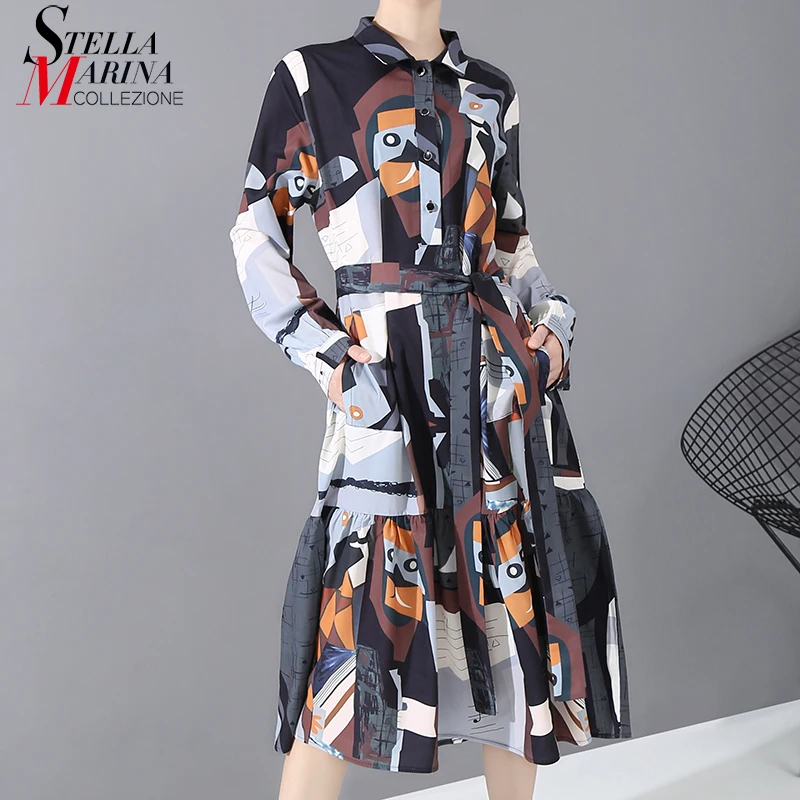 

New 2019 Korean Style Women Multicolor Printed Winter Long Shirt Dress With Sash Full Sleeve Ladies Elegant Dress vestidos 5862