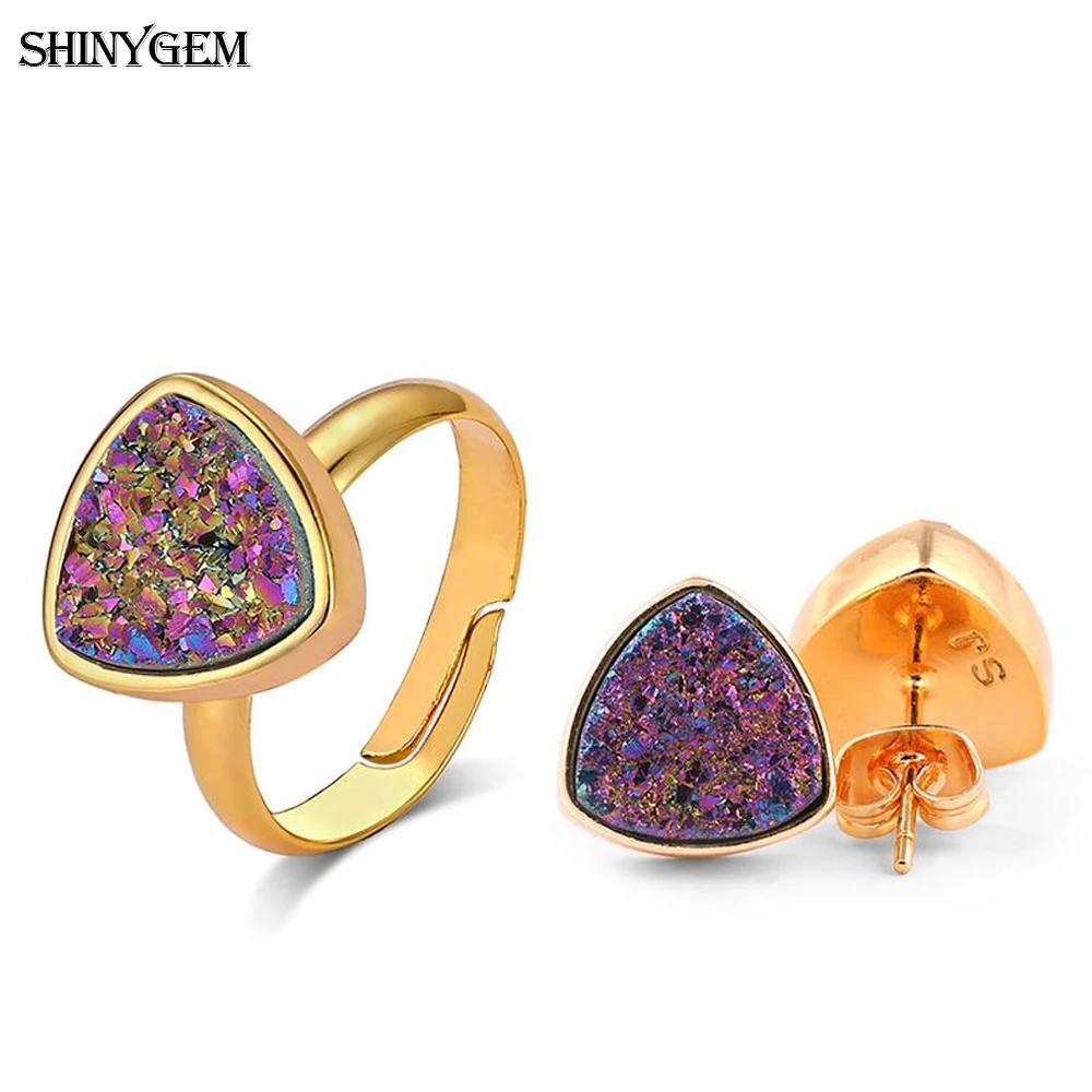 ShinyGem New Triangle Mineral Crystal Earrings Ring Party Jewelry Set Golden Sparkling Druzy Natural Stone For Women | Украшения и