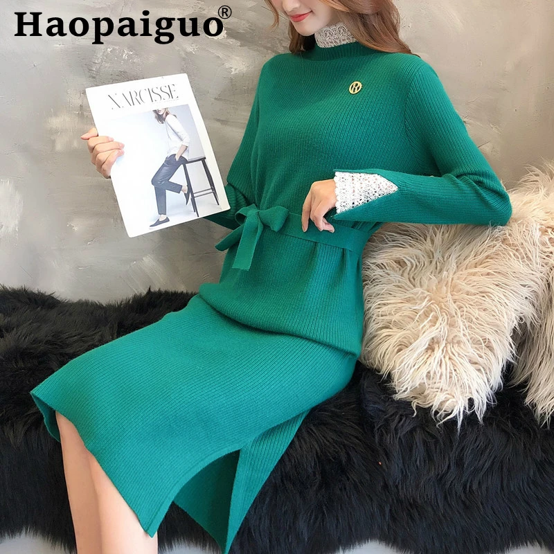 

Modis Streetwear Fall Clothes Women Casual Dress Long Sleeve Midi Ladies Dresses Lace Patchwork Black Pink Wrap Dress Winter
