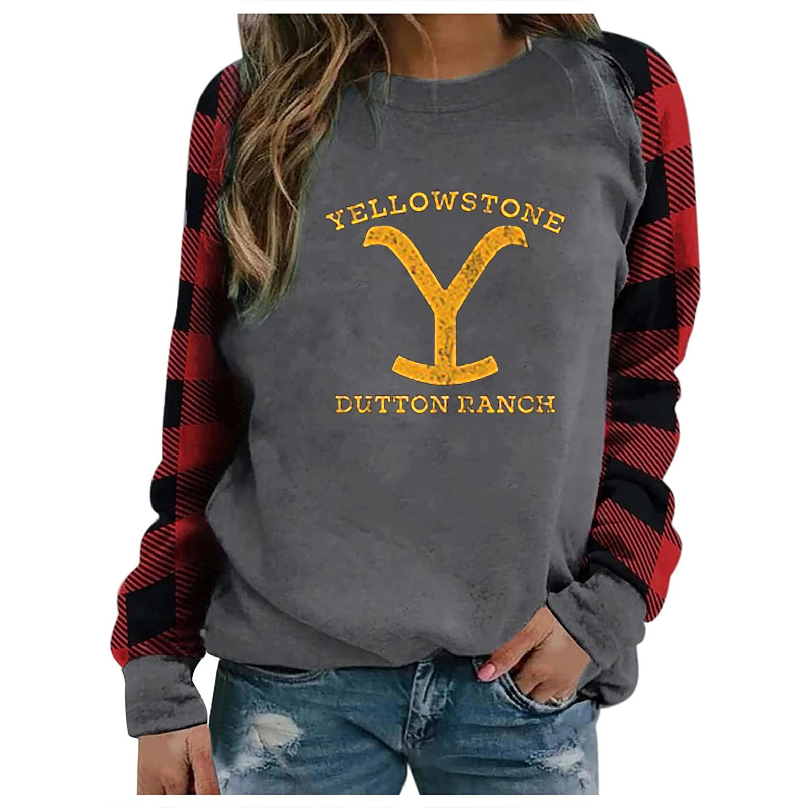 Women Yellowstone Park Printed Round Neck Long Sleeve Pullover Tee
