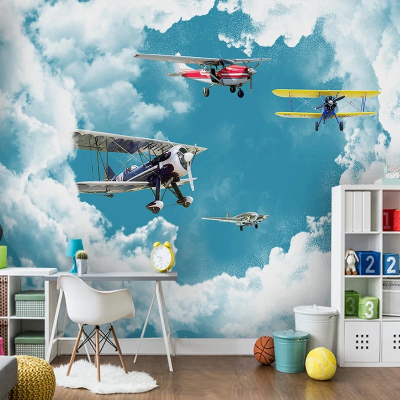 Custom Wallpaper For Kids Room Modern Mediterranean Blue Sky White Clouds  Airplane Boys Room Bedroom Decoration Wall Art Mural - Wallpapers -  AliExpress