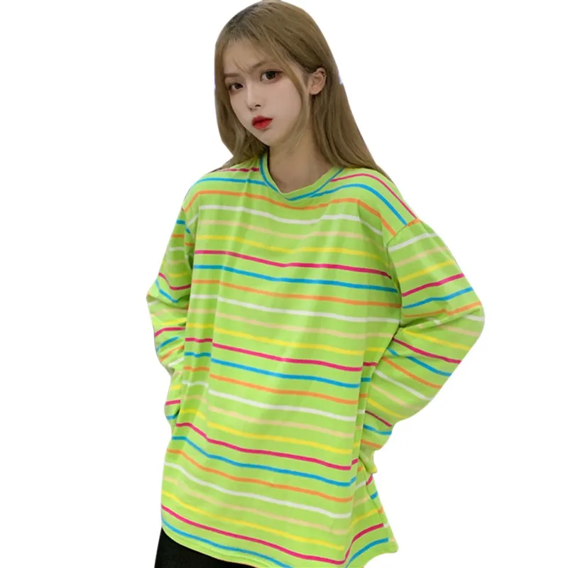 Женская футболка Милая панк негабаритная футболка радужные полосатые футболки кавай с длинным рукавом Мягкие Свободные корейские стильные странные вещи - Цвет: Зеленый