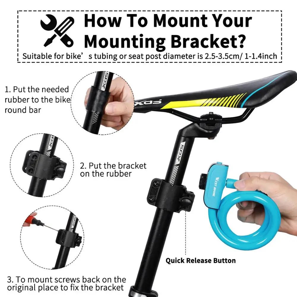 WEST BIKING Anti-Theft Cable Bike Lock MTB Road Bike