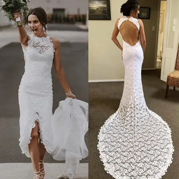 

Lace Wedding Dresses Mermaid Backless Split Sweep Train 2020 Bridal Gowns Bride Dress Vestido De Noiva