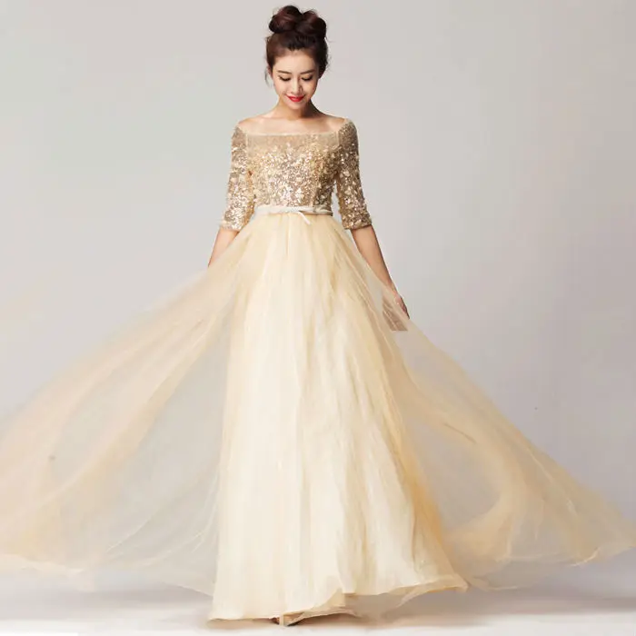 Sequined Formal Gown Prom Free Shipping vestidos de noche Half Sleeve Long bridesmaid dresses