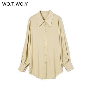 

WOTWOY Summer Basic Long Sleeve Blouse Women Office Lady Turn Down Collar Side Split Shirt Women Elegant Solid Korean Top Femme
