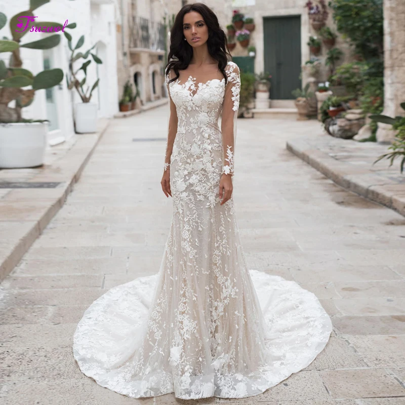 

Fsuzwel Elegant Scoop Neck Long Sleeve Mermaid Wedding Dresses 2019 Luxury Appliques Lace Princess Bridal Gown Vestido de Noiva
