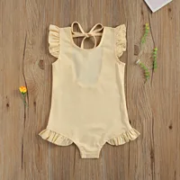 Toddlers Baby Summer Swimwear, Solid Color O-Neck Ruffle Sleeve Lacing Backless Swimsuit for Little Girls, 1-6 Years 2