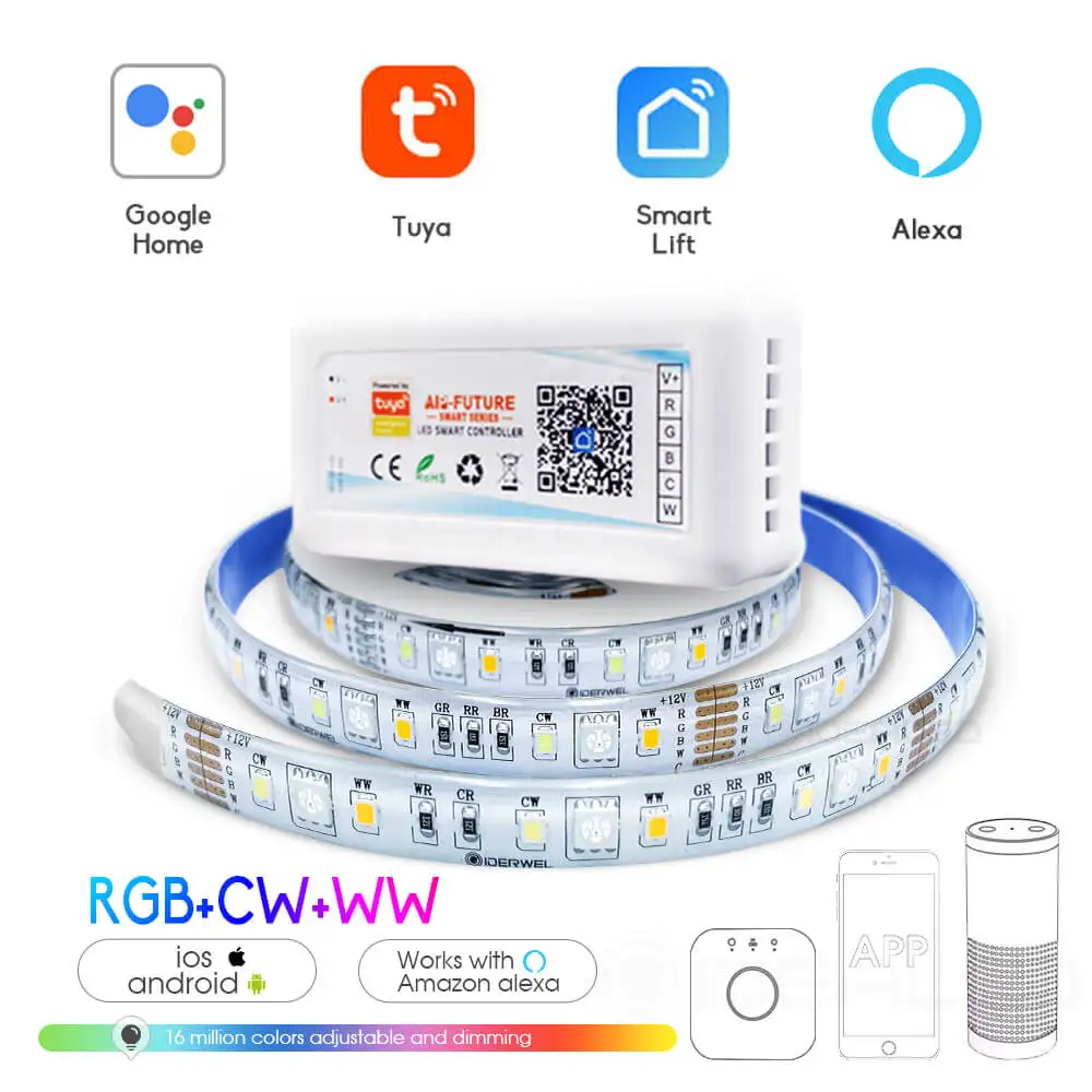 Smart Wifi RGBCCT LED Light Strips Controller 5m 12V Smart Flexible Strip Atmosphere Lamp Works with Alexa Google Voice Control 12v 756leds m 24v 768leds m 5m rgb cob led strip light fcob atmosphere colorful lamp bar flexible lights tape 10mm white pcb