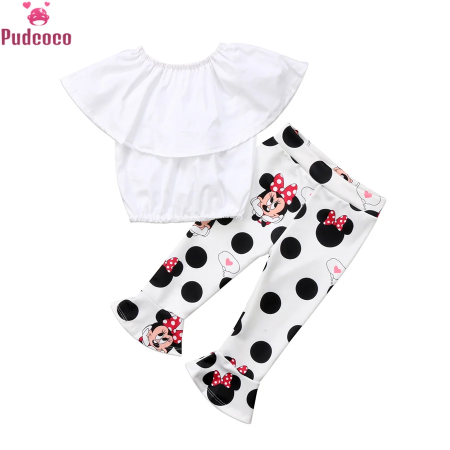 

0-5 Y Children Toddler Kids Clothes Sets Baby Girls Off Shoulder T-shirt Minnie Mouse Bell Bottom Pants Clothing Outfits Sets