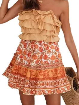 

Women's Summer Skirt Bohemian Print Skirt Elastic Waist Cotton A Line Skirt Vestidos