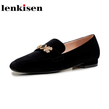 

Lenkisen 2020 new flock spring autumn fashion solid square toe metal fastener beauty lady convenient slip on low heels pumps L28