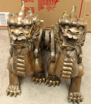 

---612+++China FengShui Bronze Dragon Unicorn Fly Beast Kylin Evil Spirits Statue Pair