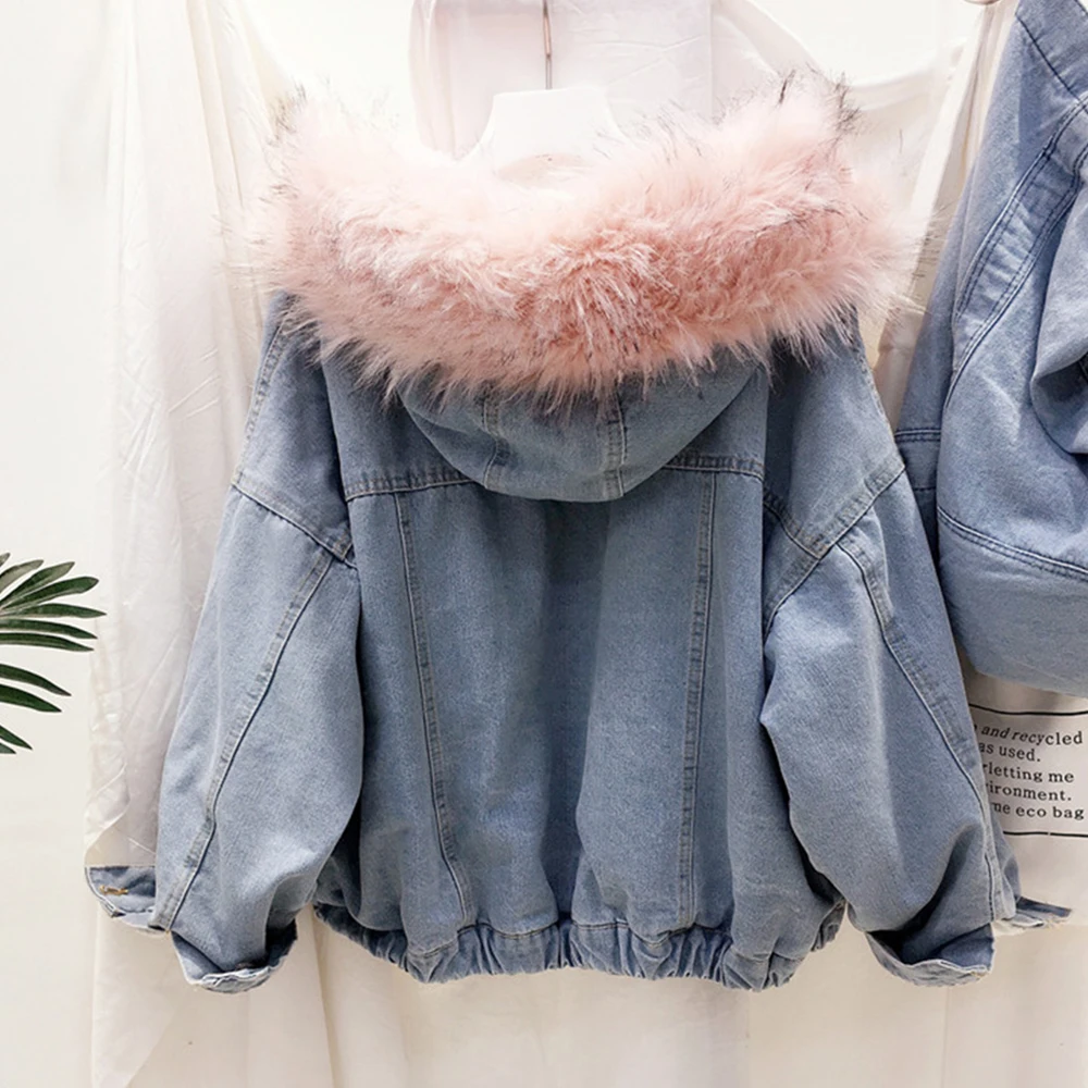 price cut  Velvet Thick Denim Jacket Female 2019 New Winter Big Fur Collar Korean Locomotive Lamb Coat Women S