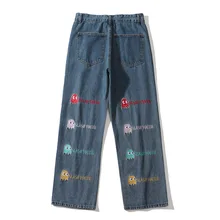 Pantalones vaqueros con bordado de letras de dibujos animados para hombre y mujer, pantalón informal, estilo Hip Hop, moda coreana, 2021