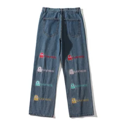 Pantalones vaqueros con bordado de letras de dibujos animados para hombre y mujer, pantalón informal, estilo Hip Hop, moda coreana, 2021