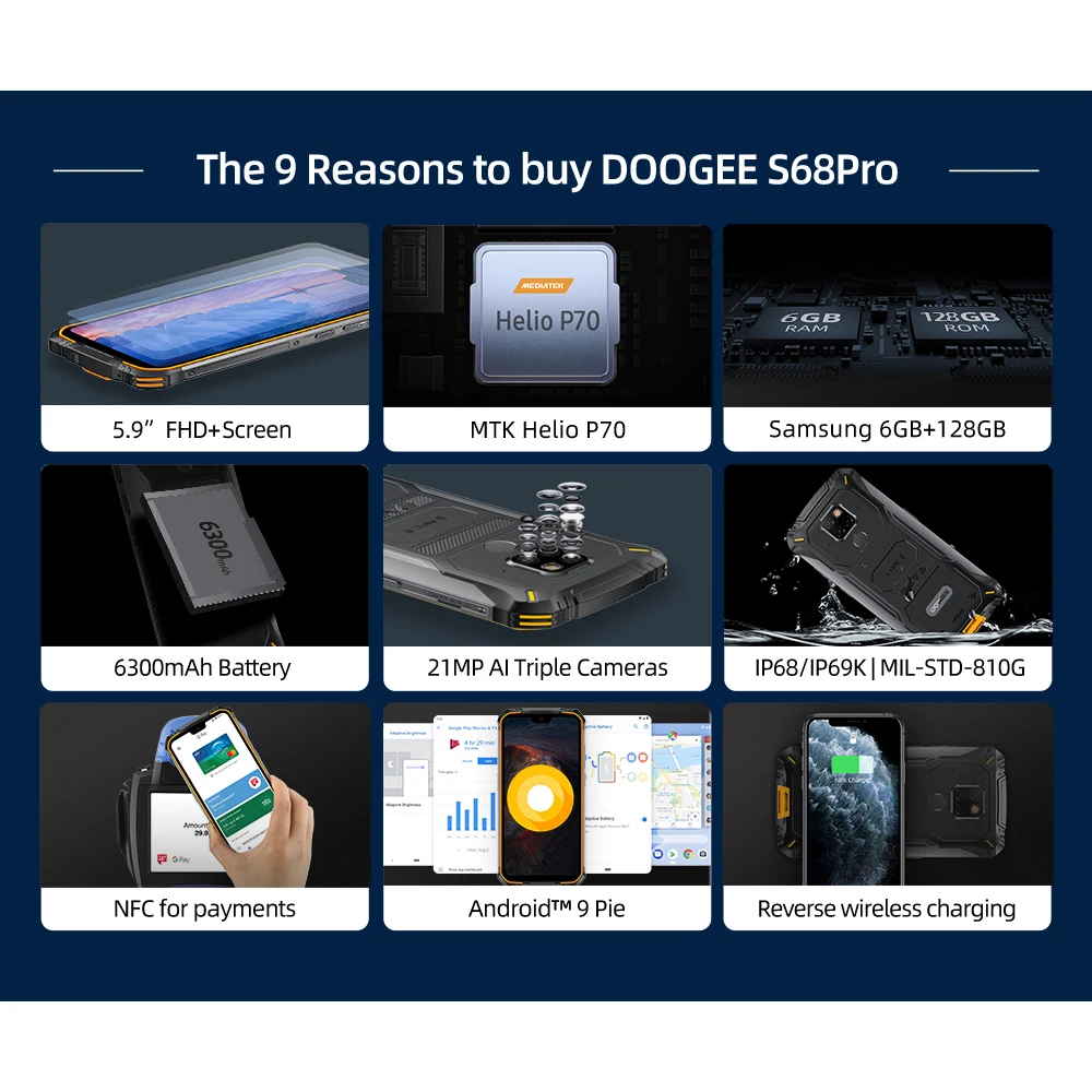 DOOGEE S68 Pro IP68 Waterproof Rugged Phone 6GB 128GB Helio P70 21MP 3 Rear Camera 5.9'' FHD+ 6300mAh 12V/2A Charge Smartphone