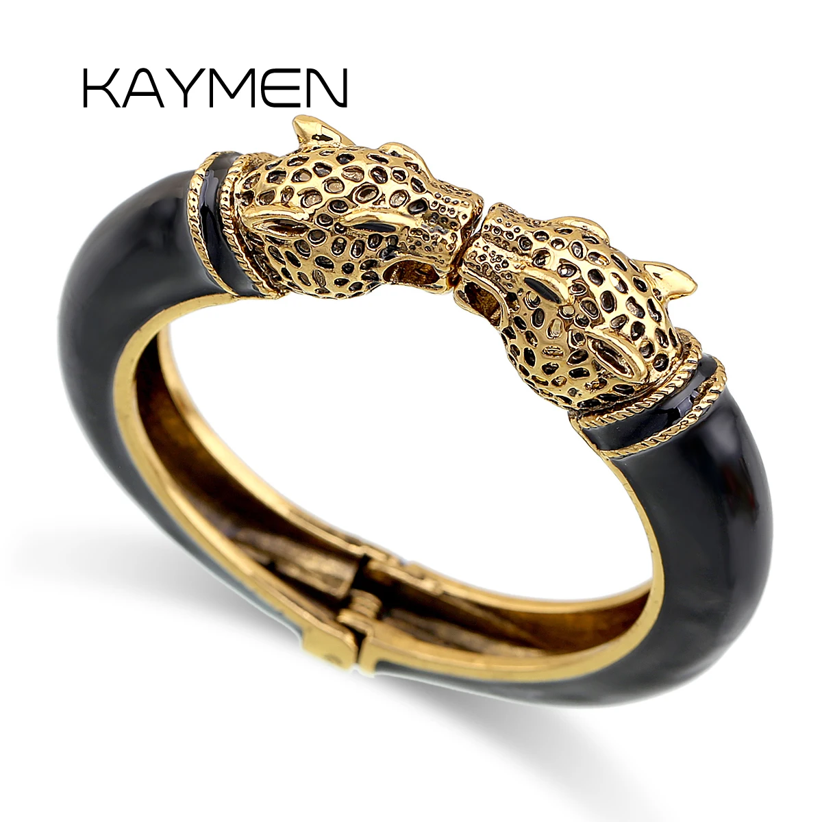 Women Cuff Bangle Bracelet Antique Gold Plated Animal Enamel Leopard Head Vintage For Party