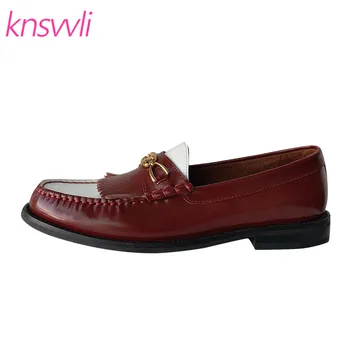 

Tassels Mixed Color Leather Loafers Women Metal Buckle Lazy Shoes Round Toe Comfort Fringed Flat Shoes Woman Zapatos De Mujer