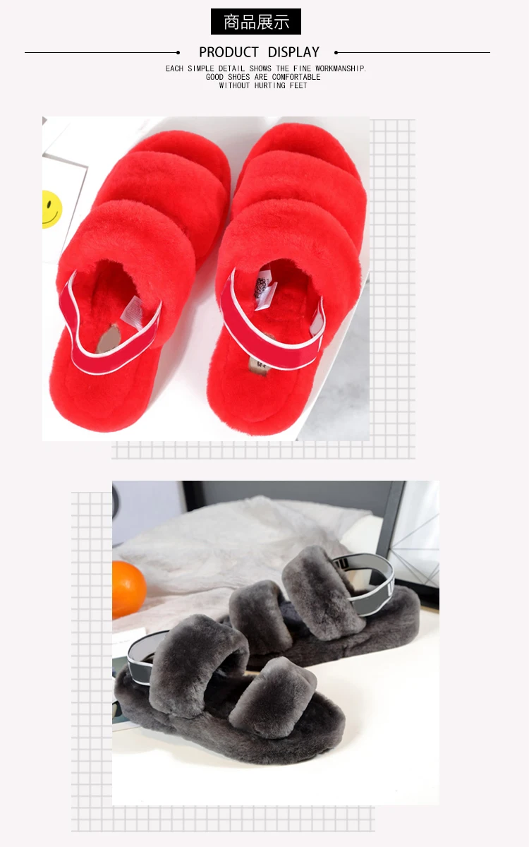 2021 Factory Price Comfort Fluffy Slippers Flat Plush Faux Fur Open Toe Pantuflas Mujer Faux Fur Slippers