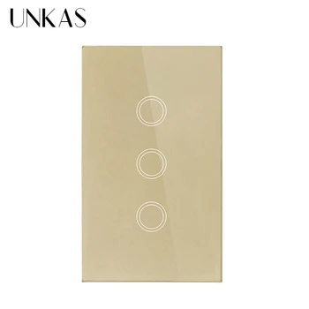 

UNKAS US Standard Smart Switch 3 Gang 1 Way Touch Sensor Switch power Luxury Crystal Glass Single Fire Line Wall Light Switch