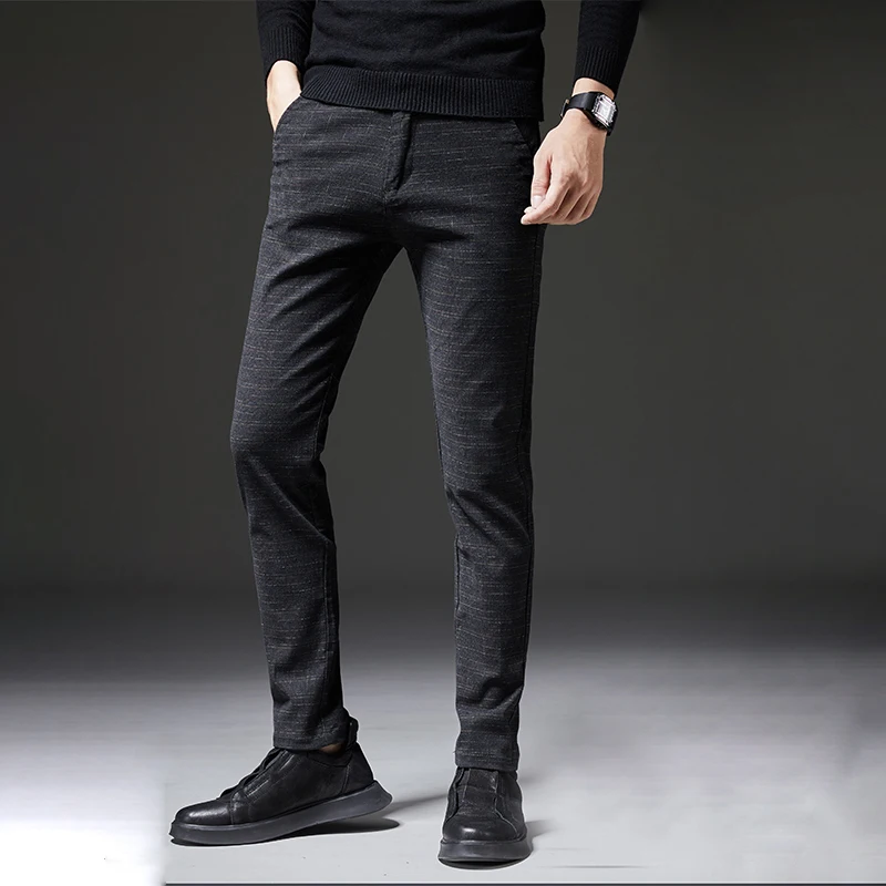 casual pants ZOENOVA Men's Classic Pants Fashion Plaid Suit Pants Casual Elastic Trousers Gray Black Blue Fleece Warm Work Pant For Male mens khaki pants Casual Pants