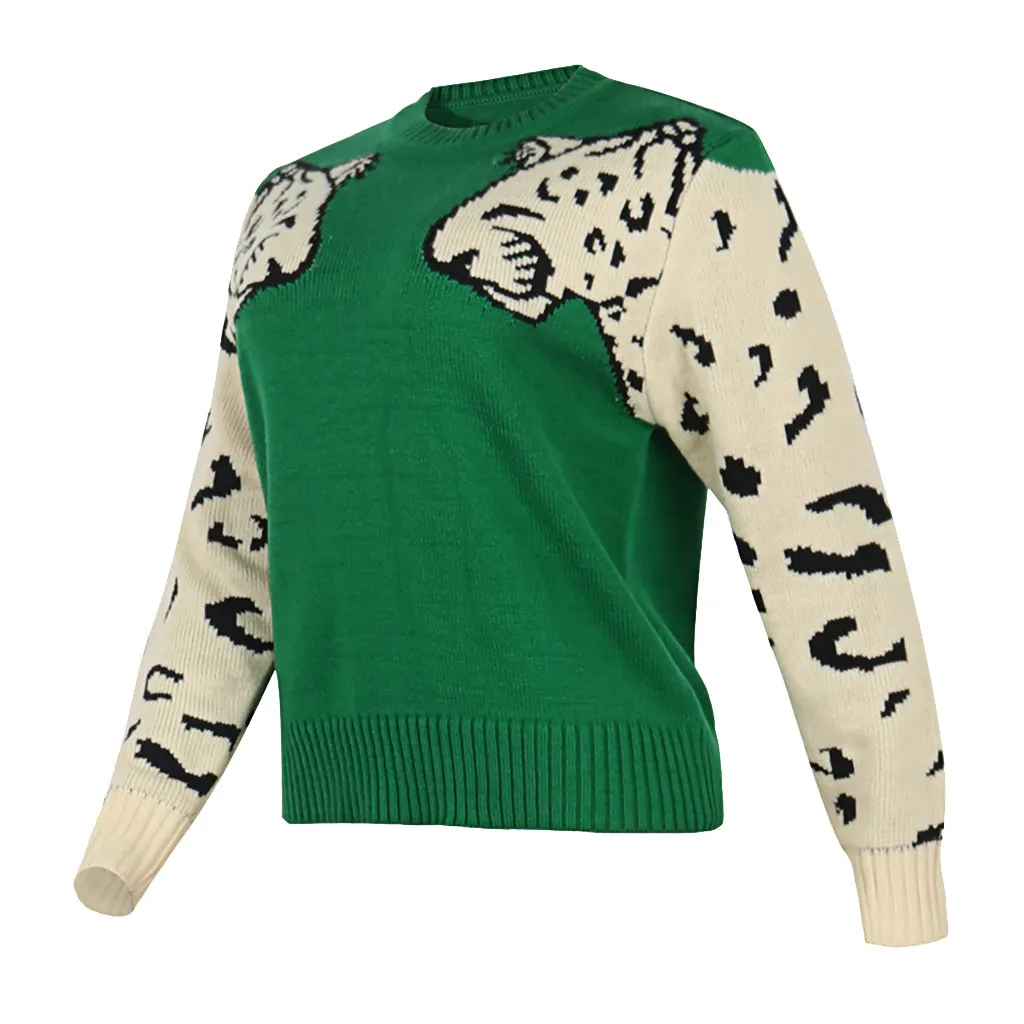Jaycosin Fashion Women Simple Wild Animal Print Patchwork Sweater Stylish Long Sleeve Comfortable Casual Loose Top Blouse 928#4