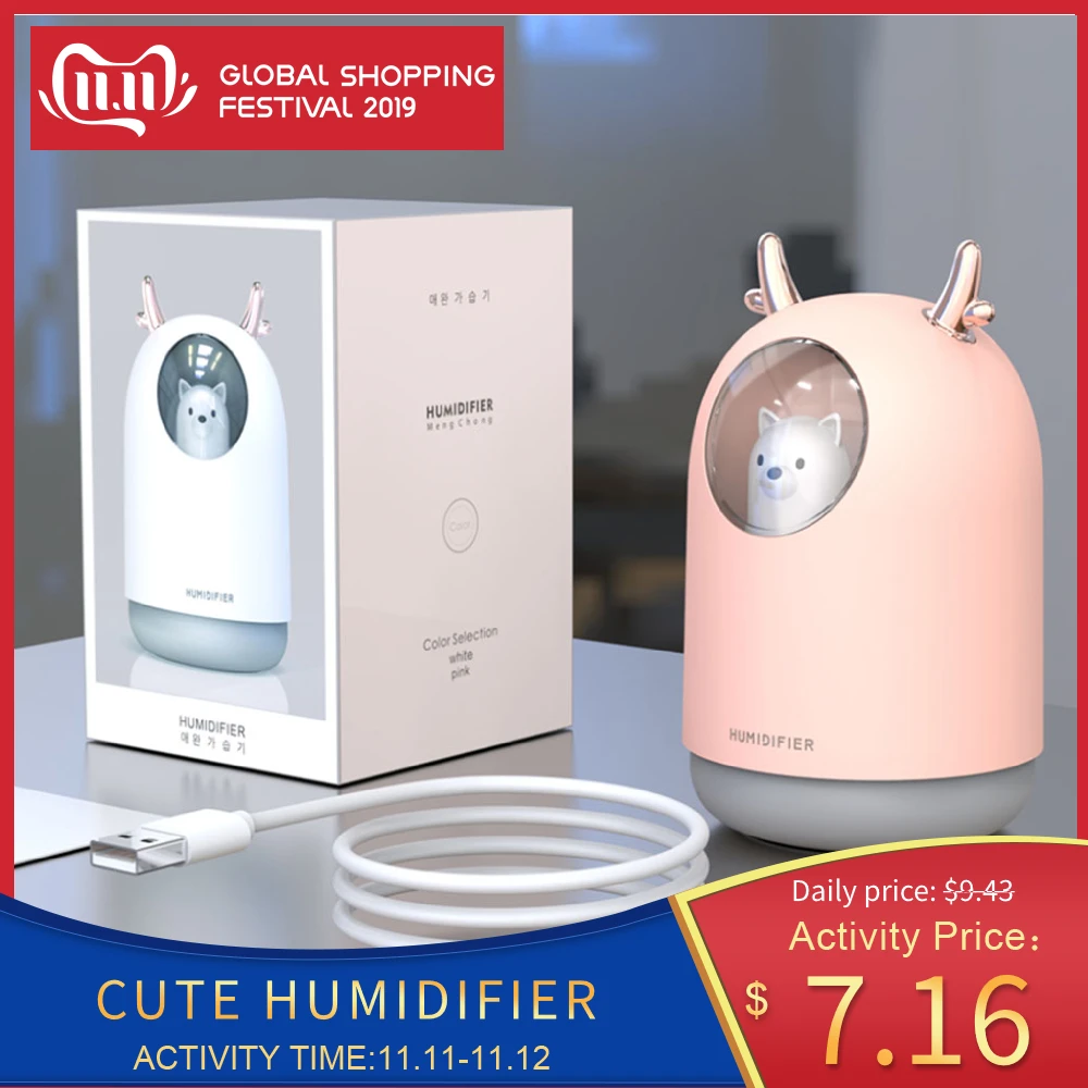 

Ultrasonic Cute Humidifier USB 300ML Air Humidifier Aroma Diffuser Portable Essential Oil Diffuser With Multicolor Night Light
