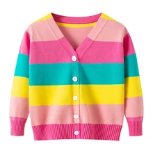 2-7Y dziecięce dziewczęce wiosenny nadruk paski rozpinane swetry dziecięce tanie tanio CN (pochodzenie) Wiosna i jesień Akrylowe COTTON Dziewczyny Na co dzień 25-36m 4-6y W paski REGULAR V-neck Sweaters Pełne