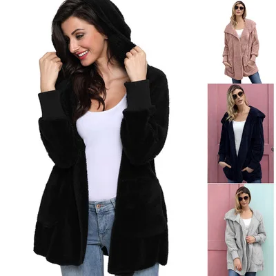  Women's Winter Jacket Casual Fleece Sweatshirt Warm Solid Color Double-faced Fleece Hooded Long Par