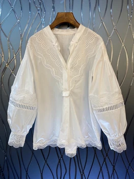 

2020 Early Autumn New Women's Neckline V Letter Split Decorative Lace Embroidery Stitching Long-Sleeved Shirt 801