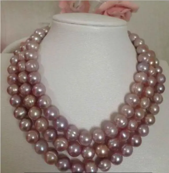 

3rows 38"12mm natural south sea genuine lavender baroque pearl necklace 925silver