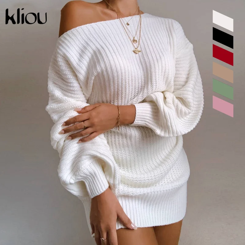 Kliou-suéteres de punto con hombros descubiertos para otoño e invierno, a la moda ropa de calle, suéteres sólidos de manga acampanada, jersey básico, gran oferta