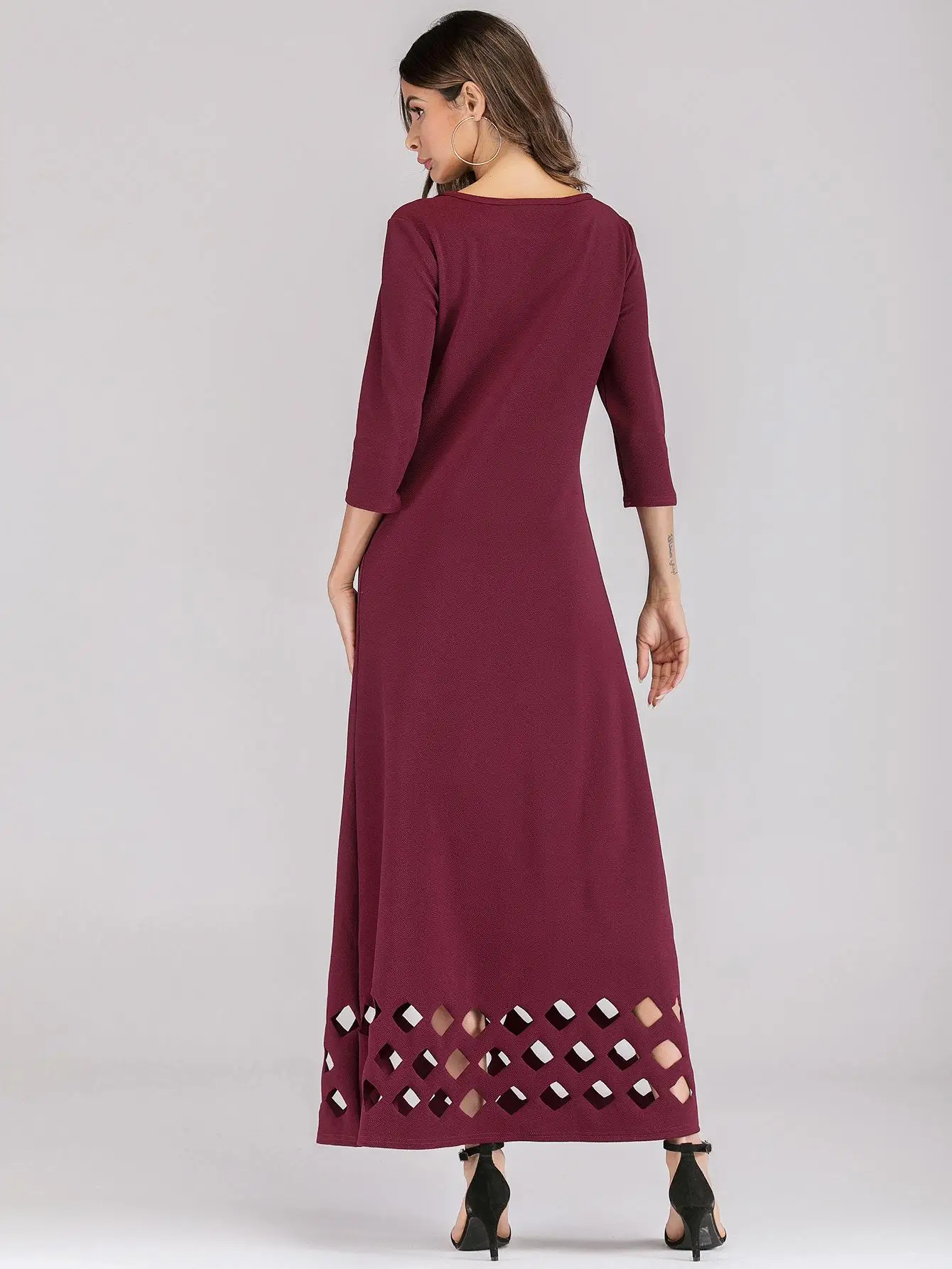 Женское длинное платье трапециевидной формы с вырезами, Осенний Повседневный кафтан, исламское платье, тонкий костюм цвета красного вина
