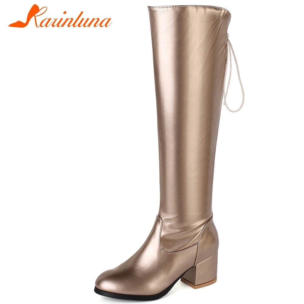 

Karinluna New Plus Size 32-45 Square Heel Short Plush Winter Women Shoes Woman Knee High Boots Zipper