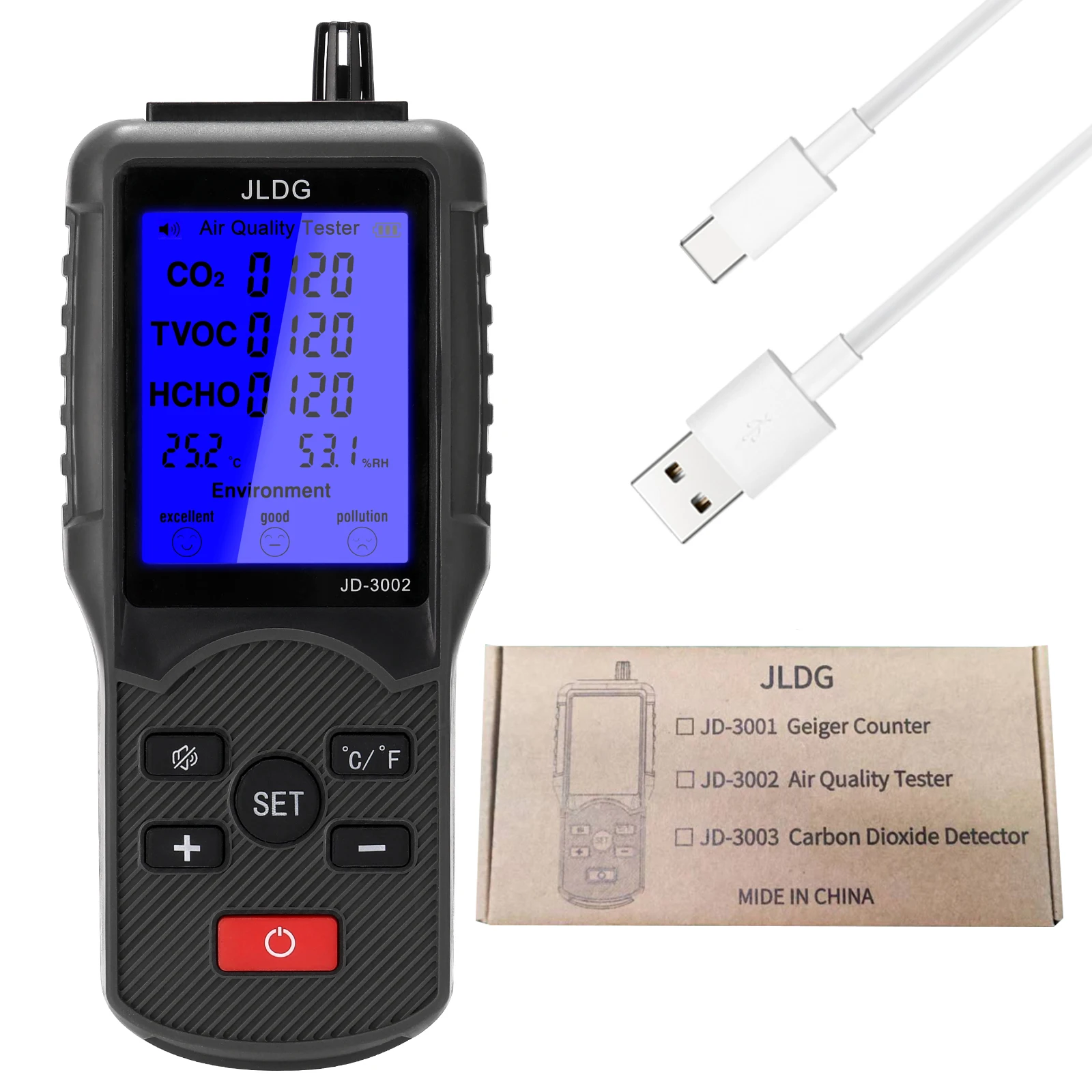 JD3002 Air Quality Tester Multifunctional CO2 TVOC Meter Temperature