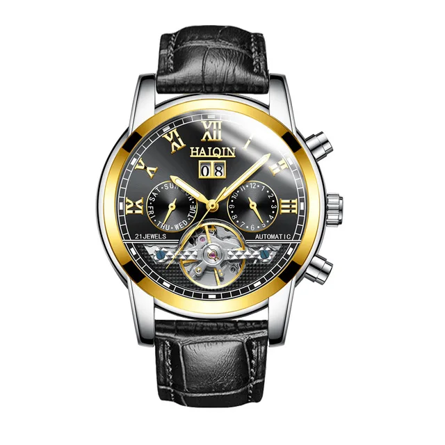 HAIQIN механические модные Tourbillon мужские часы из нержавеющей стали с дисплеем недели полностью водонепроницаемые часы с календарем Мужские часы - Цвет: Gold-black-L