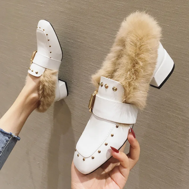 Winter Warm Women Pumps Sexy Square Toe Pu Leather High Heels Shoes Women Autumn Rivets Metal Buckle Faux Fur Pumps Ladies Shoes (4)