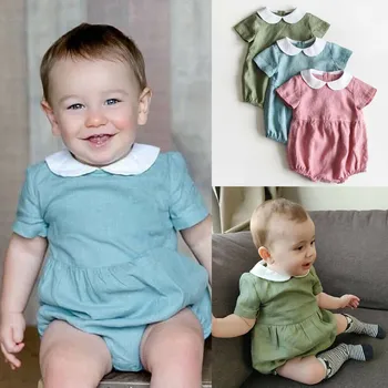 

Fashion Bbay Romper детский комбинезон Newborn Infant Girls Peter Collar Short Sleeve Solid barboteuse Bodysuit Clothes Outfits